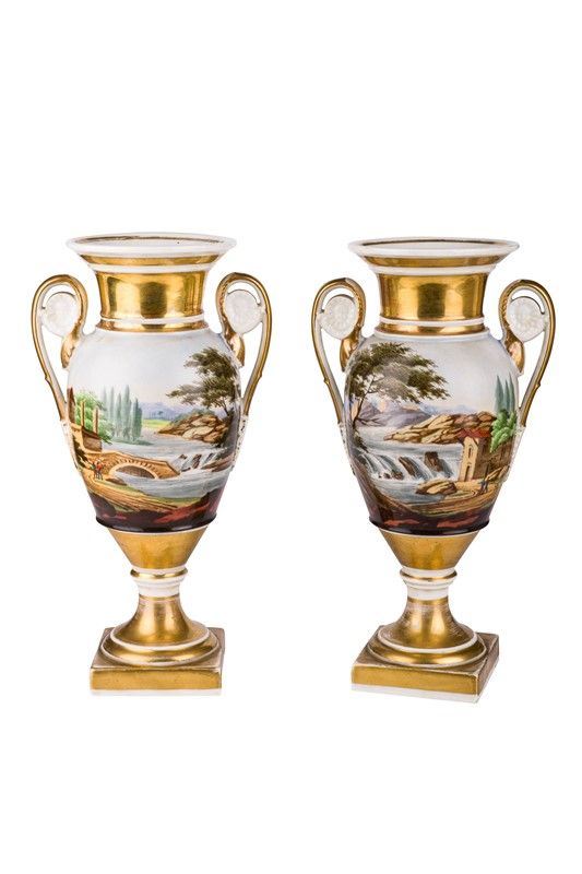 Pair of two-hand painted porcelain vases