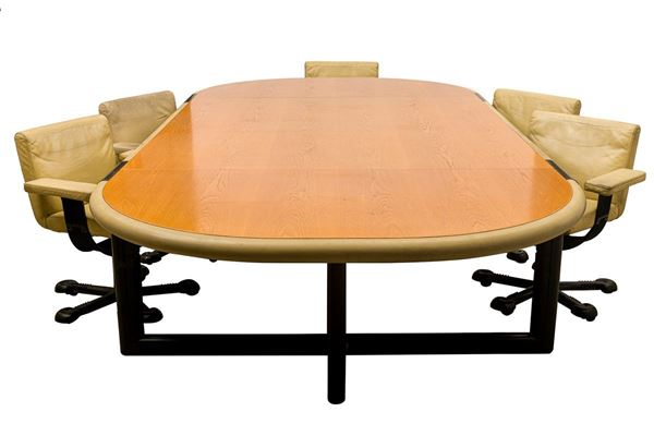 Desk table with five swivel leather armchairs
