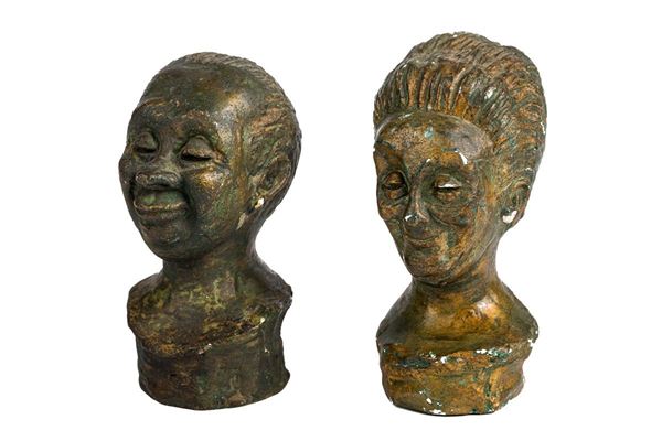 Pair of half-busts in painted plaster