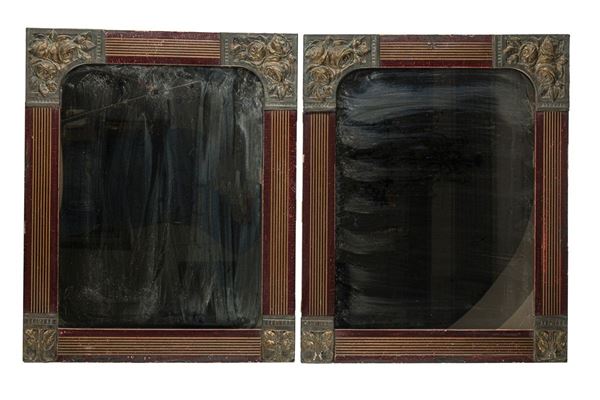 Pair lacquered wood mirrors
