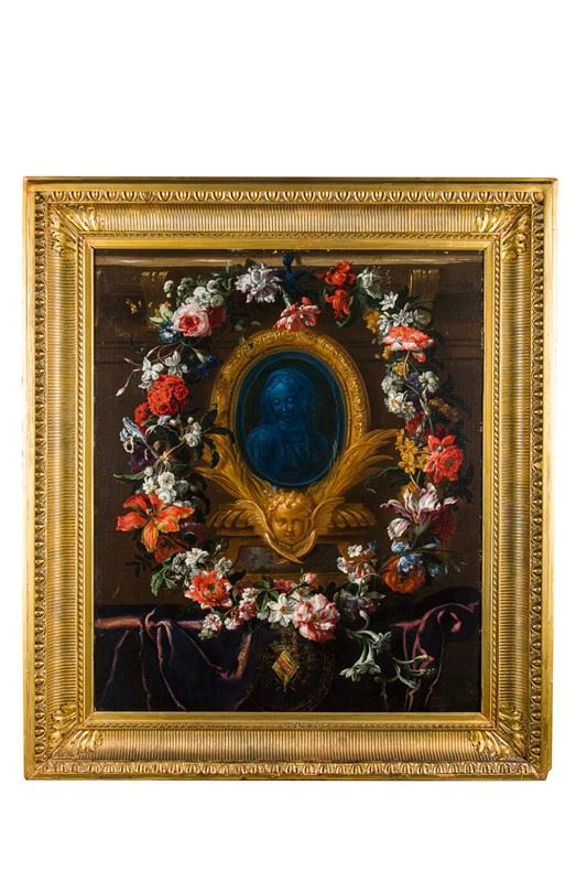 Daniel Seghers (Anversa 1590-1661) e Erasmus Quellinus II (Anversa 1607-1678), maniera di - Altar with image of the Virgin surrounded by a garland of flowers