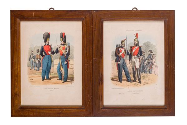 Pair of engravings depicting republican guard and mobile gendarmerie