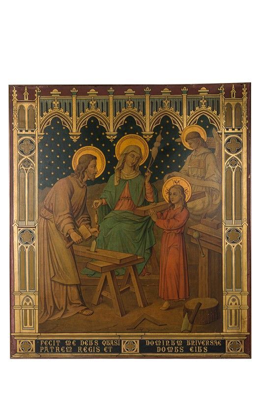 Holy family with young Jesus at work with Saint Joseph and Mary spinning