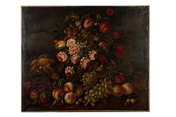 Natura morta con fiori, grappoli d&#39;uva, pesche e una zucca