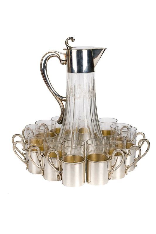 Carafe with 12 glasses in 800 silver and glass