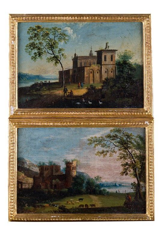 Jacob Van Lint (stile di) - Pair of landscapes with wayfarers and architecture