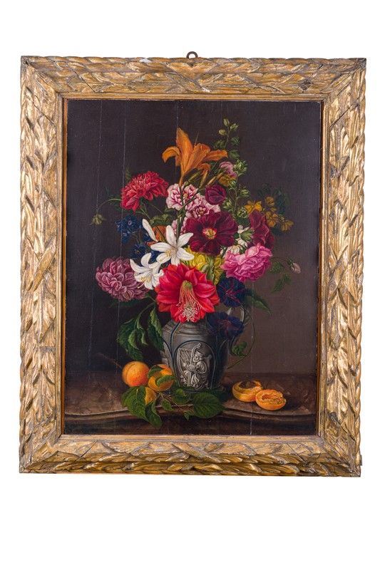 Balthasar Van der Ast (attr.) - Natura morta con fiori in vaso di metallo brunito con decorazione e albicocche sul tavolo in marmo
