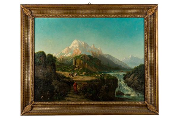 Mountain landscape with waterfall and family of shepherds