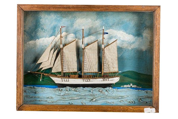 Model of sailing ship with diorama case