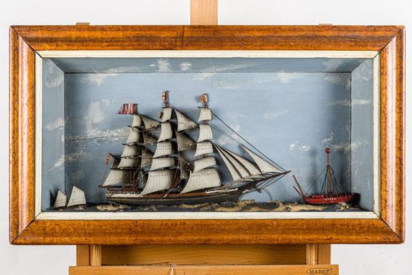 Sailing ship and two ships with diorama case