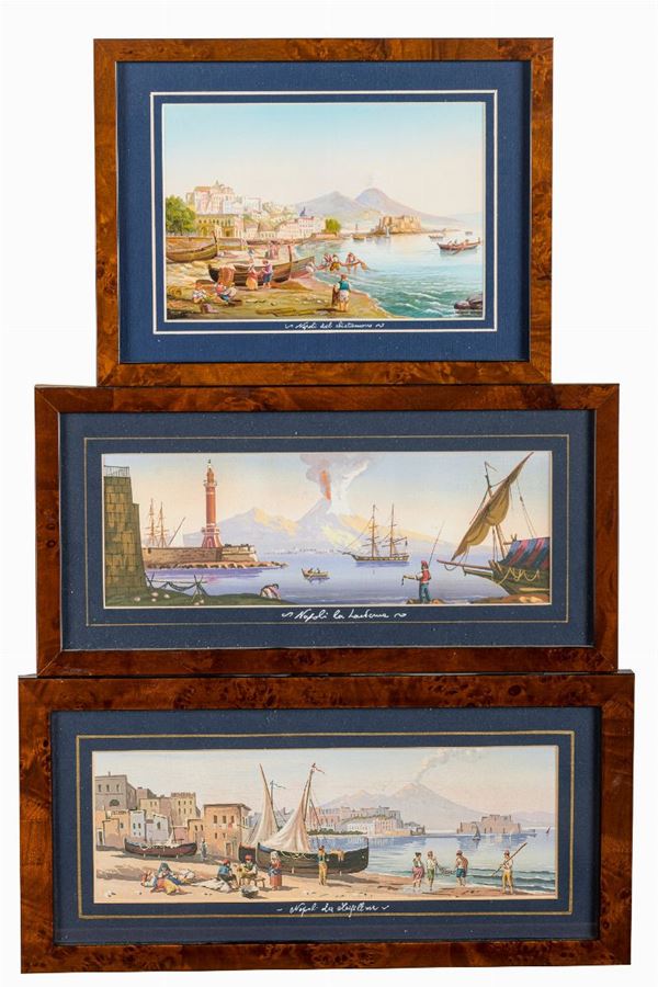 Lot of three prints with views of Naples