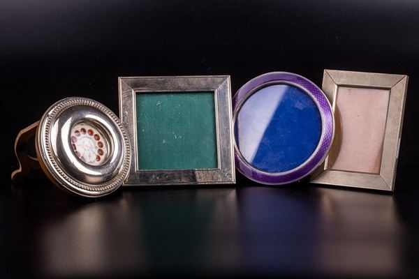Lot of an alarm clock and three frames in 800 silver