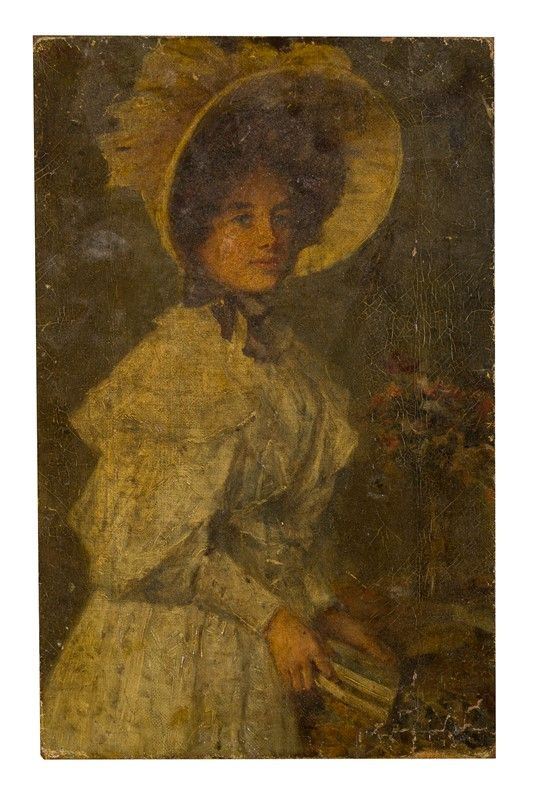 Ritratto di giovane donna in bianco con grande cappello