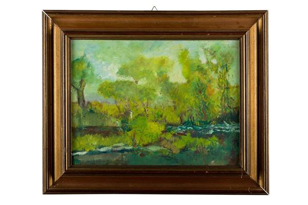 Augusto Lombardo - Scorcio di paesaggio con lago e alberi