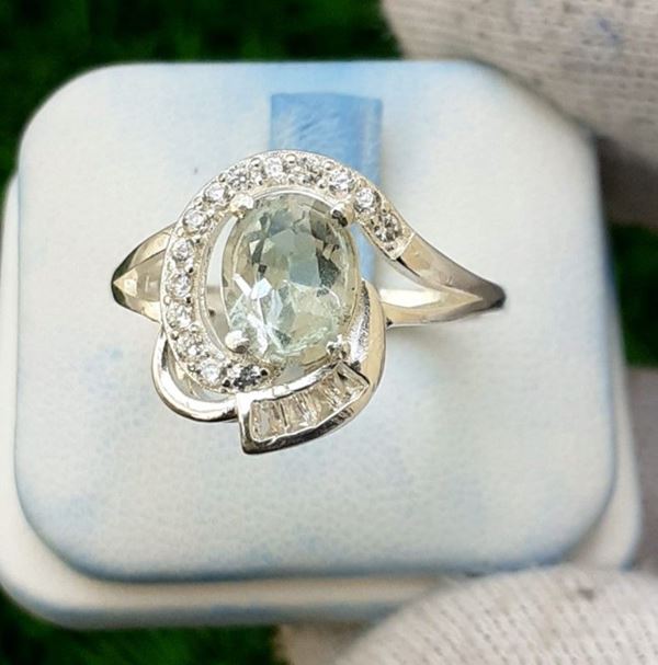 925 silver ring with natural aquamarine and zircons