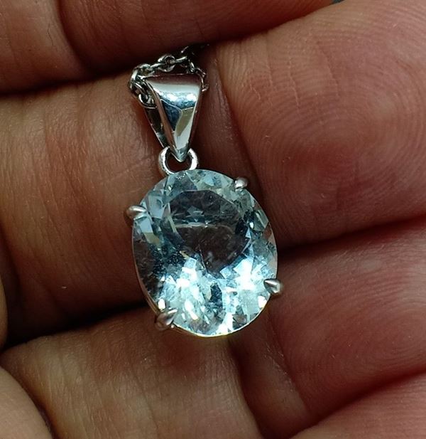 925 rhodium silver pendant with natural aquamarine