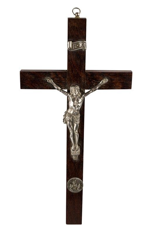 Crucifix in rosewood and silver-plated metal