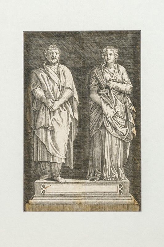 Three engravings depicting figures of the Greco-Roman classicism