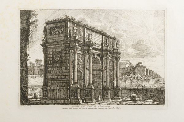 Group of seven ancient engravings depicting views of Roman monuments