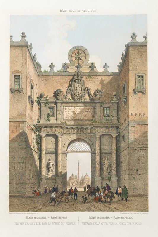 Litografia a colori raffigurante l&#39;entrata della citt&#224; di Roma per la porta del popolo