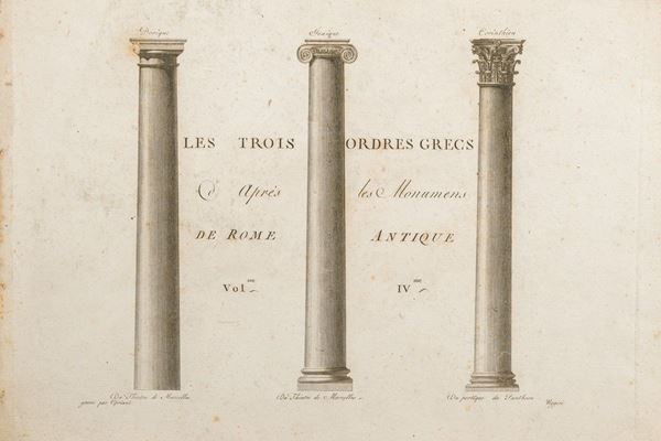 Incisione antica su carta raffigurante colonne appartenenti ai tre ordini greci