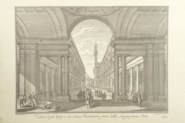 Antique print depicting the view of the Uffizi