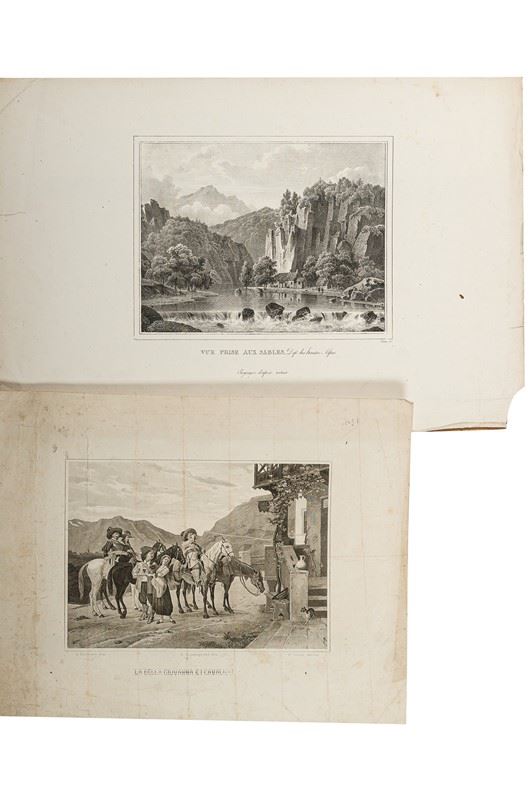Pair of prints depicting scenes of various characters