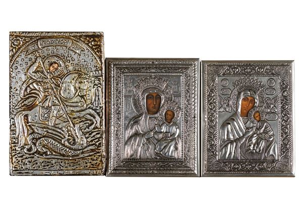 Three small Russian icons - Madonna with Child; St. George and the Dragon