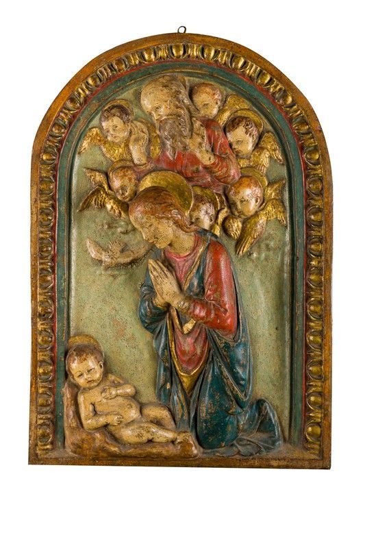 Madonna in adoration of the Child Jesus and musician angels, by Luca della Robbia