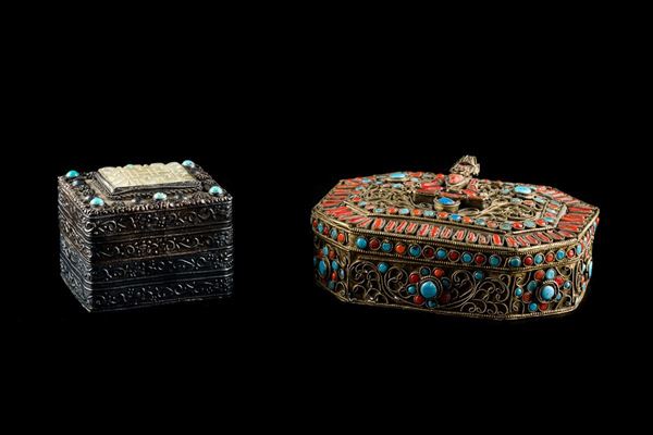 Two boxes in metal and semiprecious stones