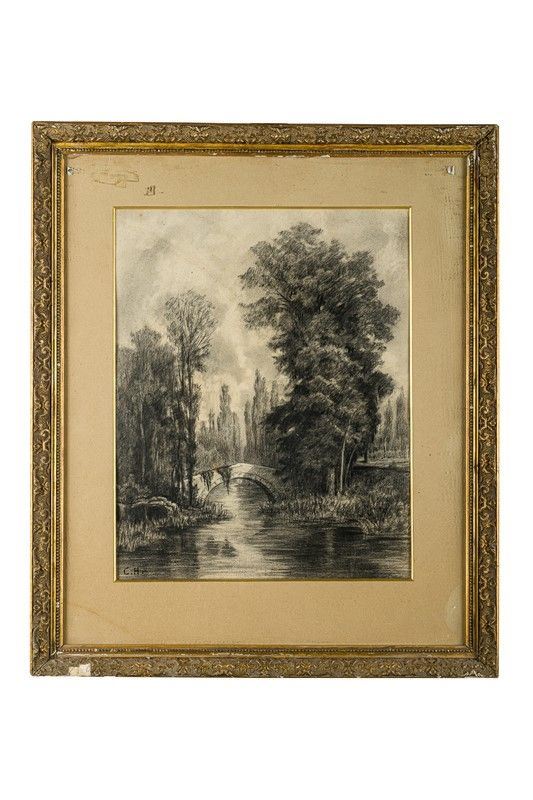 Scuola Francese - fine XIX secolo - Paesaggio fluviale con ponticello