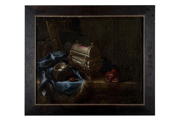 Meiffren Comte - Natura morta con cofanetto, cornice, conchiglia, tappeto blu e melograno