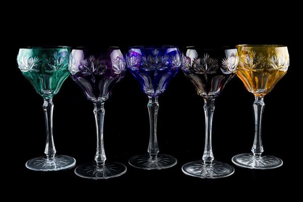 Five Bohemian crystal glasses