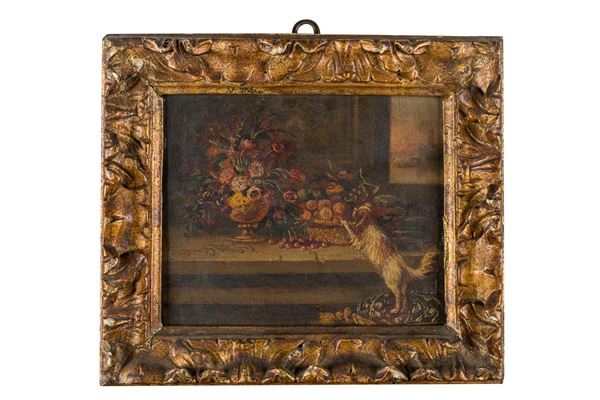 Pittore della fine del XIX secolo; Interno con vasi di fiori e cagnolino.