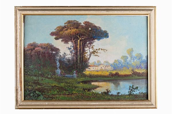 Pittore della prima met&#224; del XX secolo - Paesaggio campestre con lago e sculture