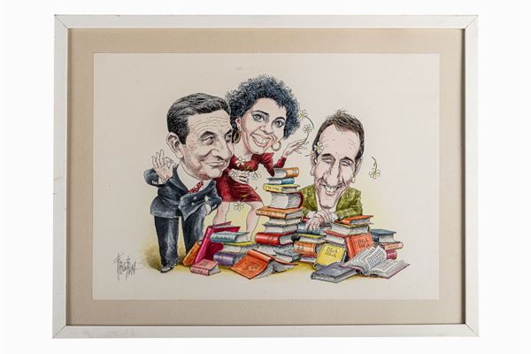Franco Bruna - Caricature of Luciano Rispoli, Anna Carlucci and Gian Luigi Beccaria