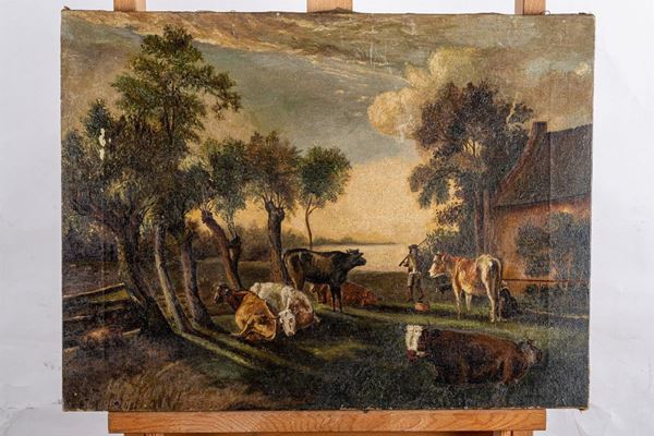 Landscape with cows and shepherd