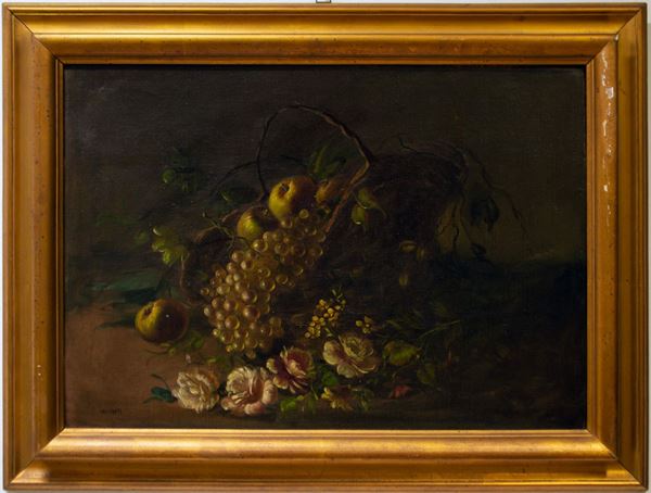 Pittore italiano dell&#39;inizio del XX secolo - Natura morta con cesta di frutta e fiori