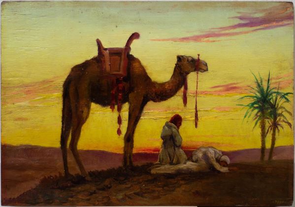 Pittore Orientalista del XX secolo - Paesaggio libico con cammello