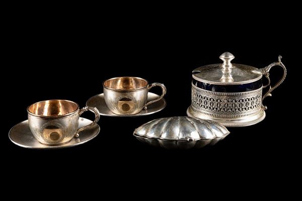 Lot of 4 objects in 800/1000 silver and glass