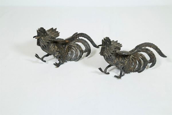 Pair of roosters in 800/1000 silver  - Auction Fine art and furniture from private collectors - DAMS Casa d'Aste