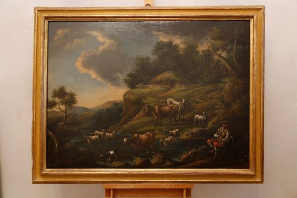 Follower of Giacomo Francesco Cipper - Bucolic landscape with herds and shepherd