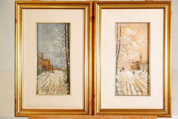Pair of winter landscapes with views of the village and church