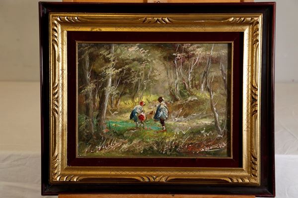 Glimpse of the forest with children  (mid 20th century)  - Oil painting on canvas - Auction Fine art and furniture from private collectors - DAMS Casa d'Aste