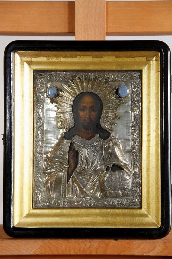 Cristo Pantocrator  (fine XIX secolo)  - Olio su tavola - Asta Fine art e arredi provenienti da collezionisti privati - DAMS Casa d'Aste