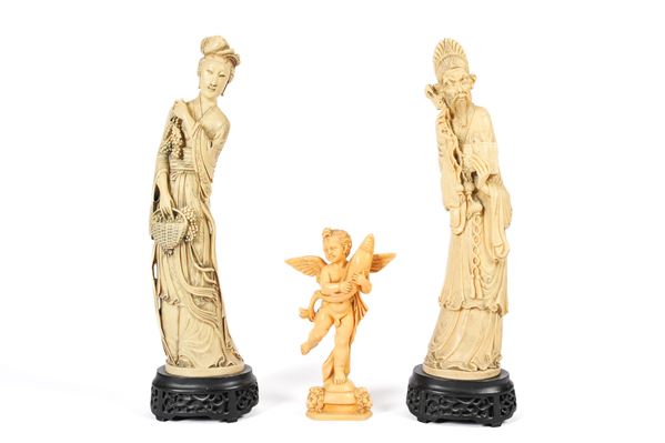Lot of 2 Middle Eastern figures and putto with fish