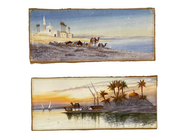Henry  Regnault (a firma di) - Coppia di vedute de Il Cairo dalla costa