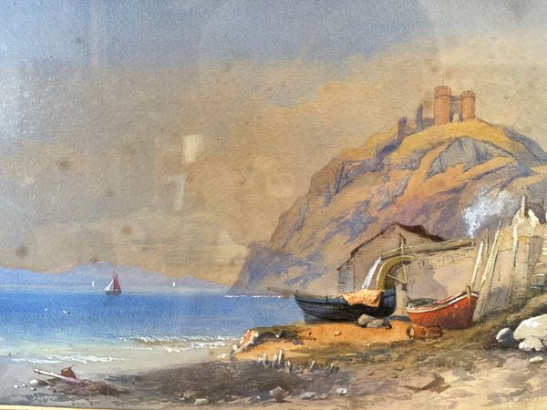 Veduta costiera con fortezza e barche  (XX secolo)  - Acquerello su carta - Asta Arredamenti Antichi e Moderni - Web Only - DAMS Casa d'Aste
