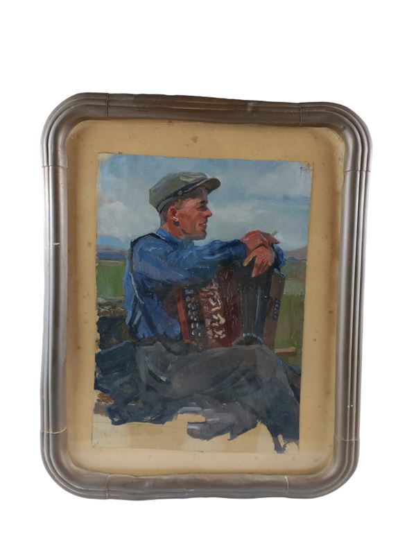 Ritratto maschile di suonatore di fisarmonica  (prima metà del XX secolo)  - olio su cartoncino - Auction Arte del XIX - XX secolo - DAMS Casa d'Aste