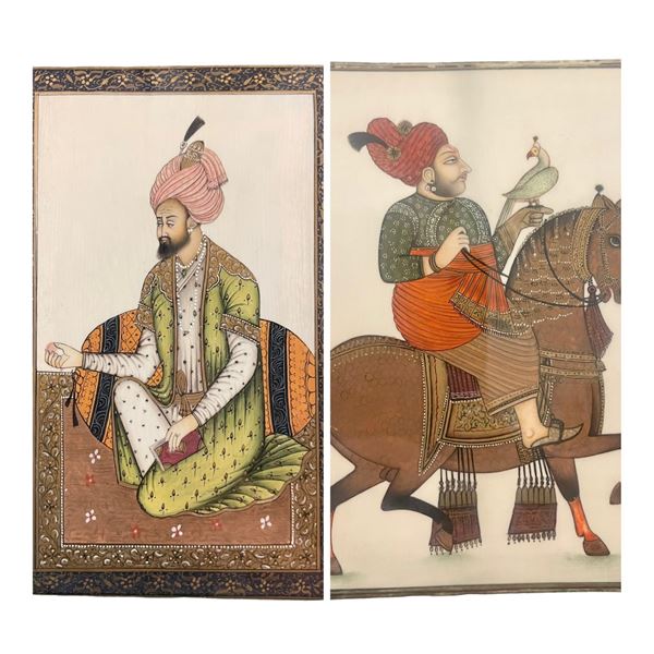 Kunwar Anop Singh di Devgarh a cavallo con un falco; Ritratto di sovrano persiano 